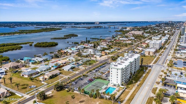 bird's eye view with a water view