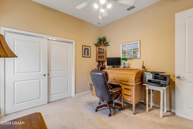 office area with ceiling fan and light colored carpet