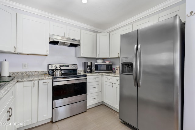 kitchen with white cabinetry, stainless steel appliances, and ornamental molding