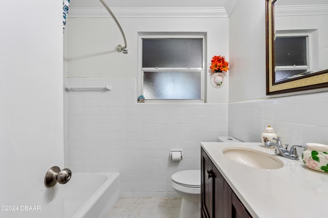 full bathroom with tile patterned flooring, vanity, and tile walls