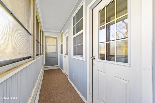 hallway with carpet flooring and ornamental molding