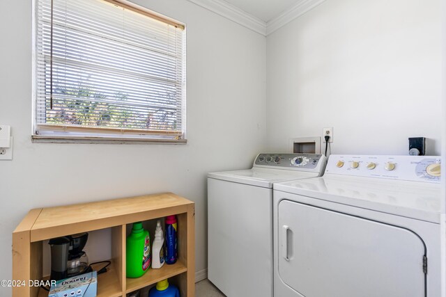 laundry room with plenty of natural light, ornamental molding, and washing machine and clothes dryer