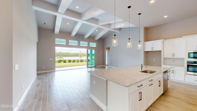 kitchen featuring light hardwood / wood-style floors, light stone counters, white cabinets, sink, and a kitchen island with sink