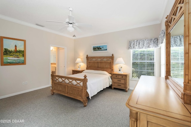 1320 Antrim Cir, Ormond Beach, FL 32174 - bedroom with visible vents, ornamental molding, carpet floors, ensuite bath, and baseboards