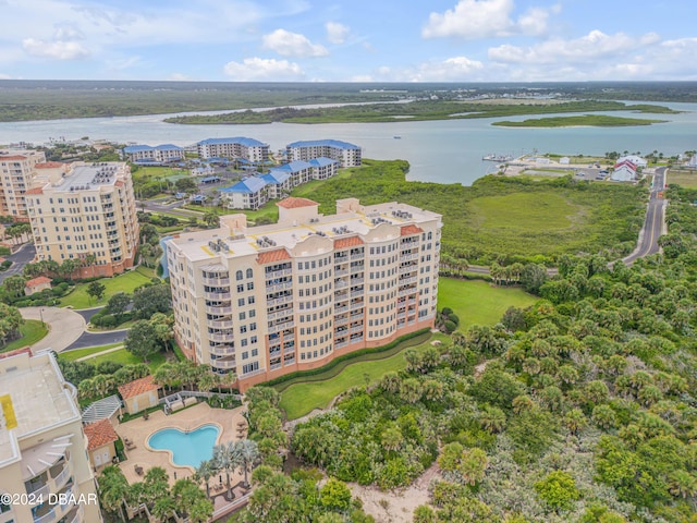 drone / aerial view featuring a water view