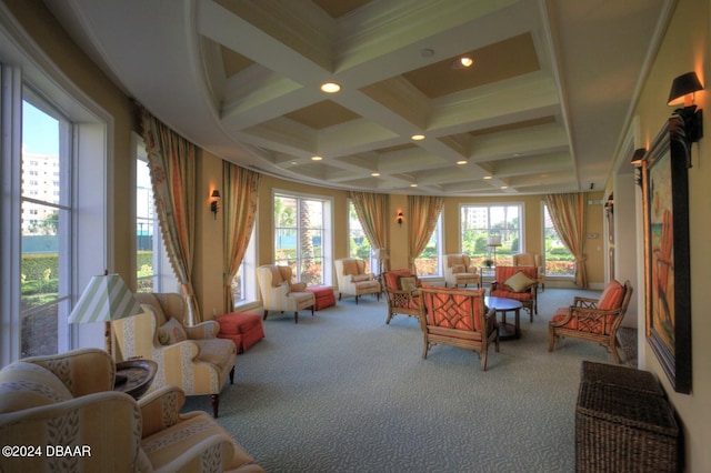 sunroom with coffered ceiling and beam ceiling