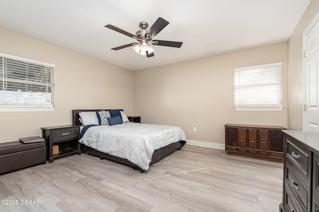 bedroom featuring light wood-type flooring and ceiling fan