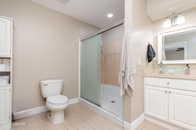 bathroom featuring a shower with door, toilet, tile patterned floors, and vanity