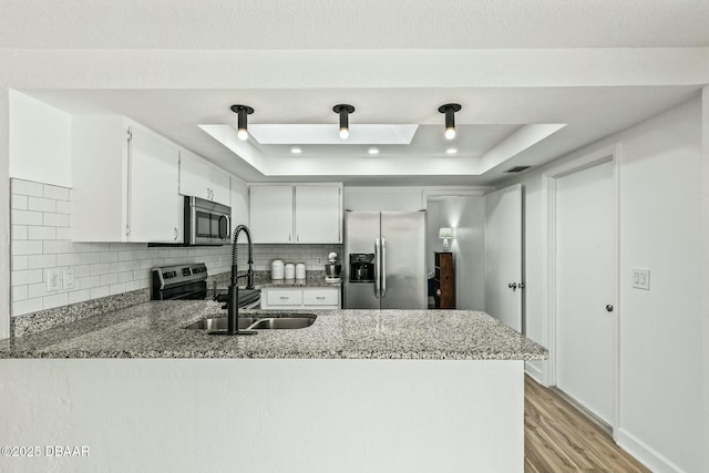 860 Lindenwood Cir N, Ormond Beach, FL 32174 - kitchen featuring appliances with stainless steel finishes, a peninsula, a sink, a raised ceiling, and light wood finished floors