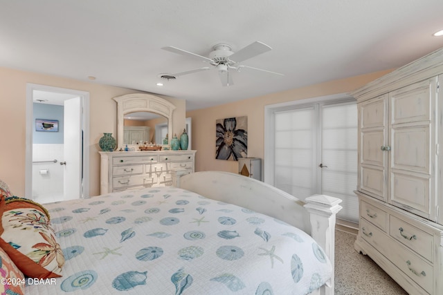 bedroom featuring connected bathroom and ceiling fan