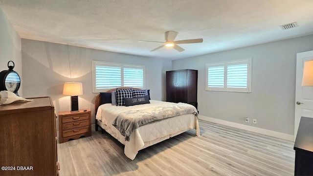 bedroom with light hardwood / wood-style floors and ceiling fan