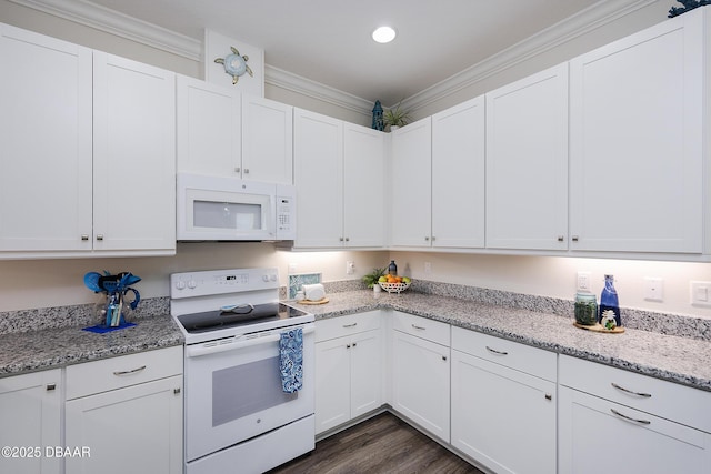 kitchen with white cabinetry, light stone counters, and white appliances