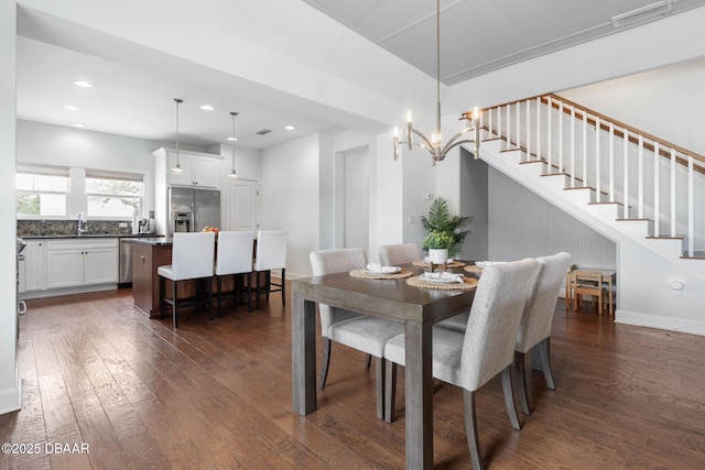 dining space with recessed lighting, visible vents, dark wood finished floors, and stairs