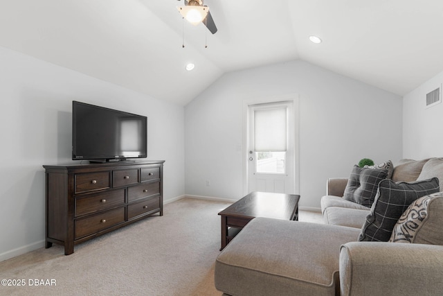 living room featuring light carpet, a ceiling fan, baseboards, recessed lighting, and lofted ceiling