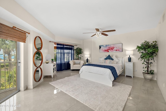bedroom with baseboards, access to exterior, and a ceiling fan