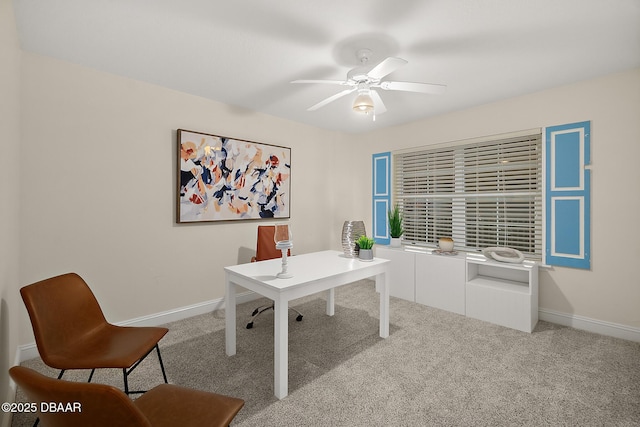 office with carpet, ceiling fan, and baseboards