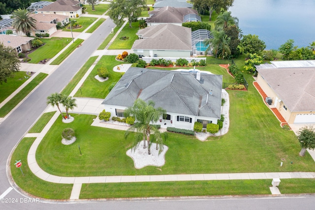 aerial view featuring a water view