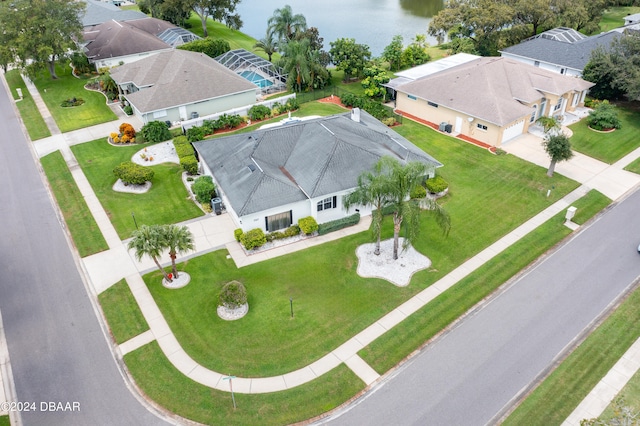 aerial view featuring a water view