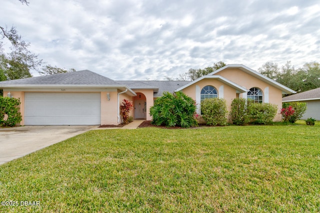 single story home featuring a front lawn and a garage