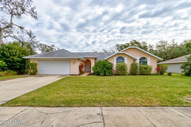 ranch-style house with a front yard and a garage