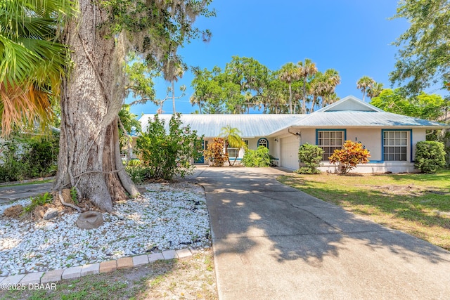 1927 Orange Tree Dr, Edgewater, FL 32141 - ranch-style house featuring a garage, metal roof, driveway, and a front yard