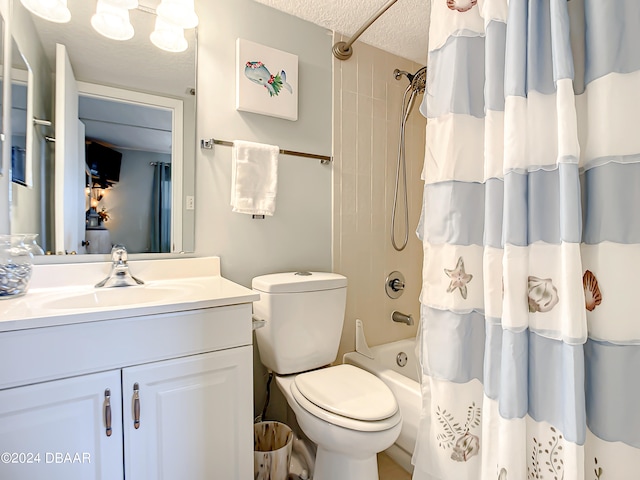 full bathroom with vanity, a textured ceiling, toilet, and shower / tub combo with curtain