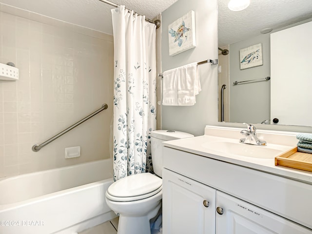 full bathroom featuring toilet, tile patterned flooring, a textured ceiling, vanity, and shower / bath combination with curtain