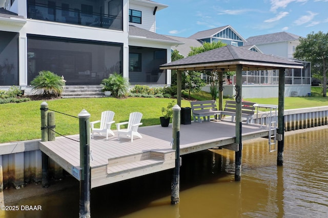 129 Seaside Pt, Flagler Beach, FL 32136 - dock area with a water view, a lawn, and a gazebo