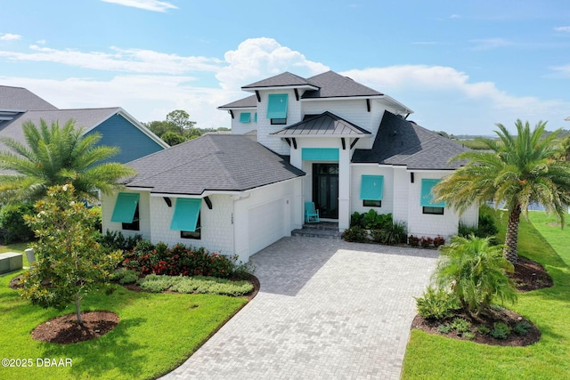 129 Seaside Pt, Flagler Beach, FL 32136 - view of front facade with a garage, a shingled roof, driveway, a front yard, and a standing seam roof