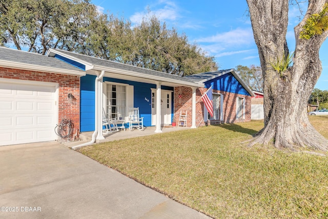 ranch-style house with a garage, a porch, and a front yard