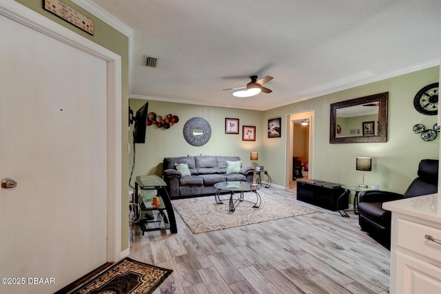 948 Northbrook Dr, Ormond Beach, FL 32174 - living room with a ceiling fan, ornamental molding, a textured ceiling, and light wood-style floors