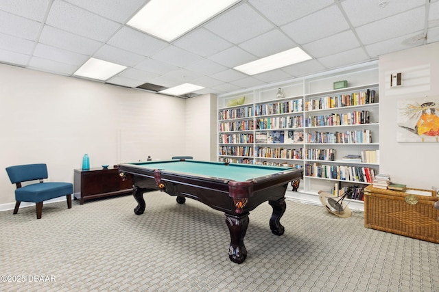 3003 S Atlantic Ave Unit 16B3, Daytona Beach Shores, FL 32118 - recreation room featuring carpet, a drop ceiling, baseboards, billiards, and built in shelves