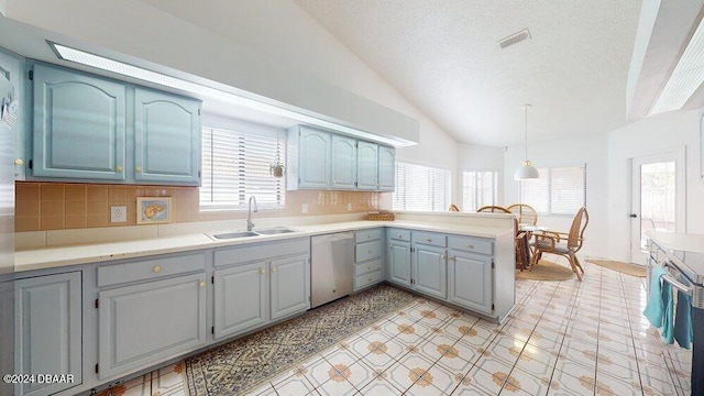 kitchen with hanging light fixtures, sink, backsplash, and dishwasher