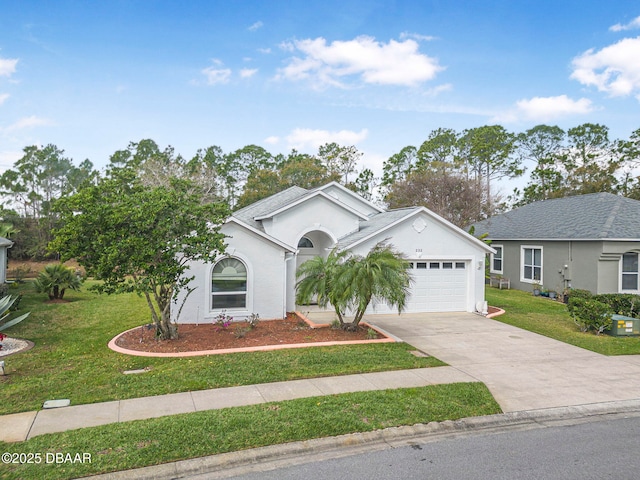 ranch-style house with concrete driveway, an attached garage, a front lawn, and stucco siding