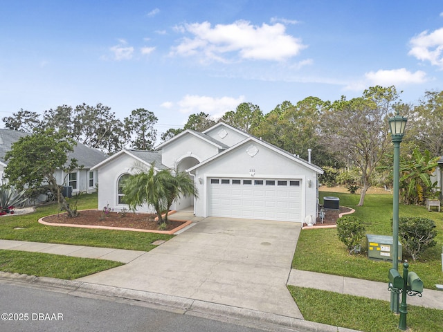 ranch-style house featuring stucco siding, concrete driveway, an attached garage, central AC unit, and a front yard