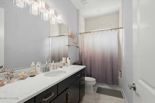 full bathroom with vanity, toilet, and shower / bathtub combination with curtain