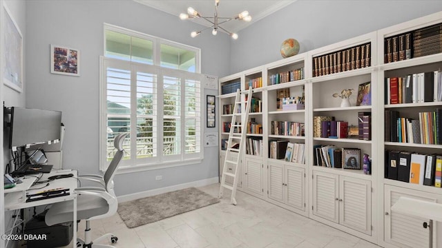 office space with a chandelier and ornamental molding