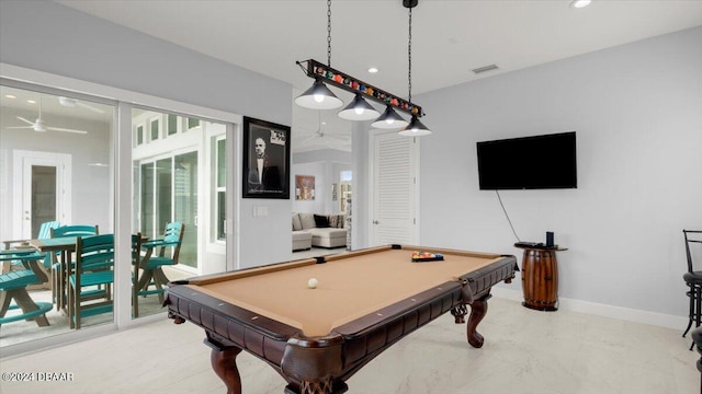 rec room featuring ceiling fan and billiards