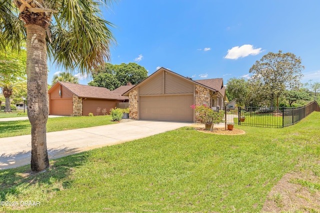 107 White Ibis Ct, Daytona Beach, FL 32119 - mid-century modern home with driveway, a garage, and stone siding