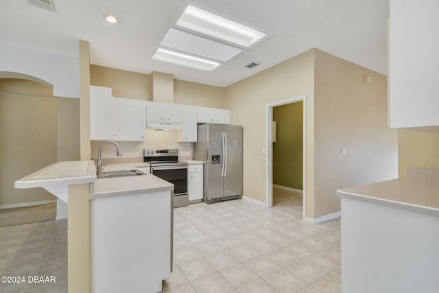 kitchen with sink, kitchen peninsula, light tile patterned floors, white cabinetry, and stainless steel appliances