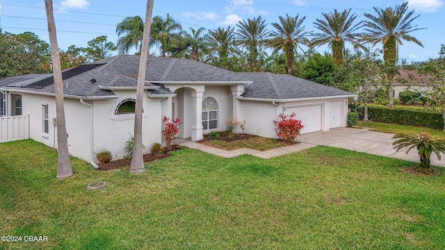 single story home with a garage and a front yard