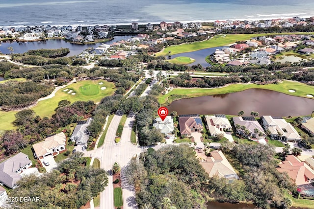 bird's eye view featuring a residential view, a water view, and golf course view