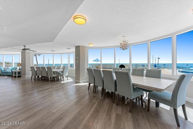 dining room featuring a wealth of natural light, dark hardwood / wood-style floors, and a textured ceiling