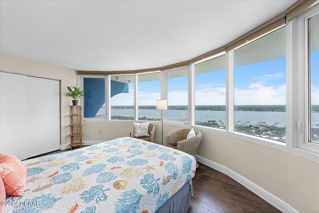 bedroom with dark wood-type flooring, multiple windows, a water view, and a textured ceiling