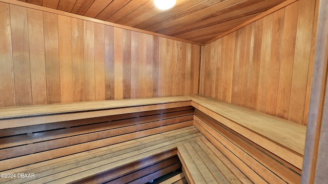 view of sauna / steam room with wood walls and wooden ceiling