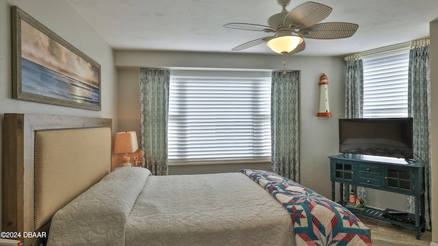 bedroom featuring ceiling fan and multiple windows