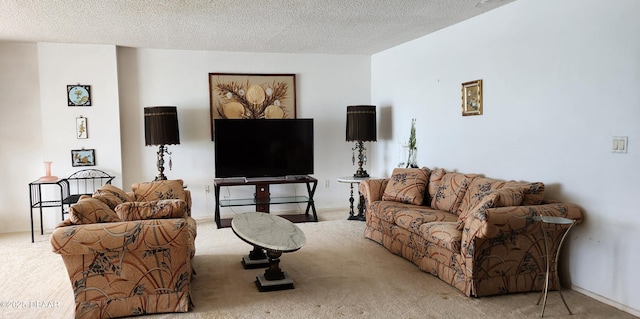 living area with carpet floors and a textured ceiling