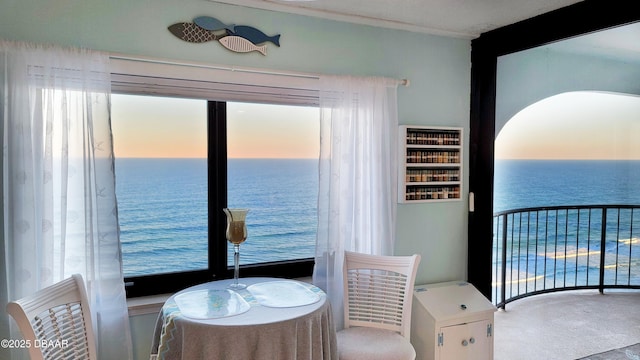 carpeted dining space featuring a water view and plenty of natural light