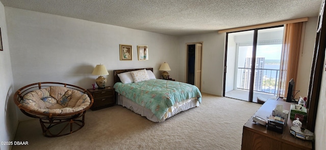 bedroom featuring access to exterior, light carpet, and a textured ceiling