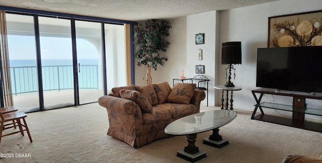 living room with light colored carpet, a textured ceiling, and a water view